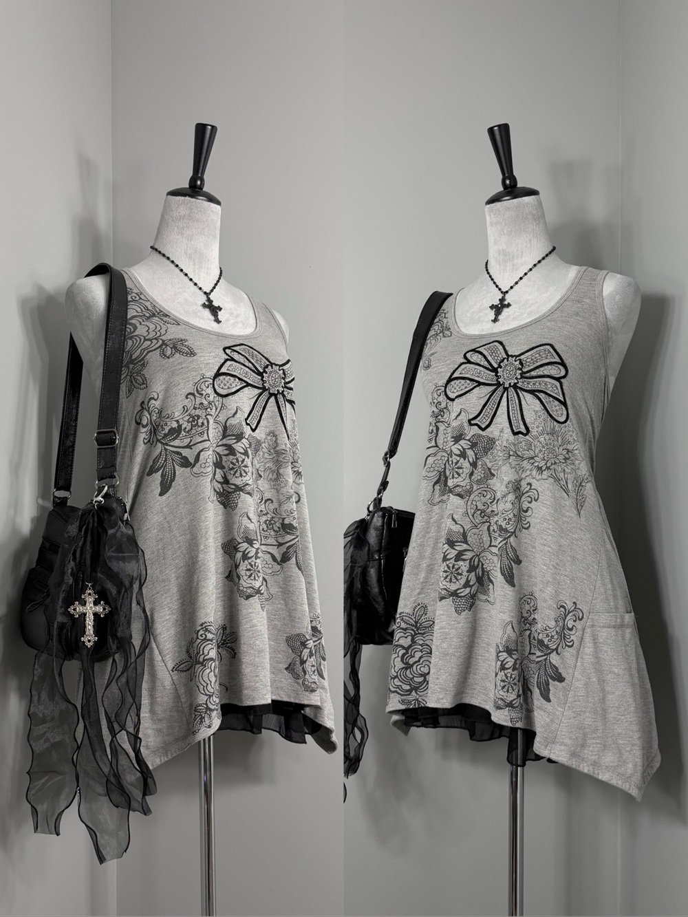 Y2K Grunge L.O.L. Vintage Grey Floral Bow Graphic Tank Dress w/ Pockets Size XS